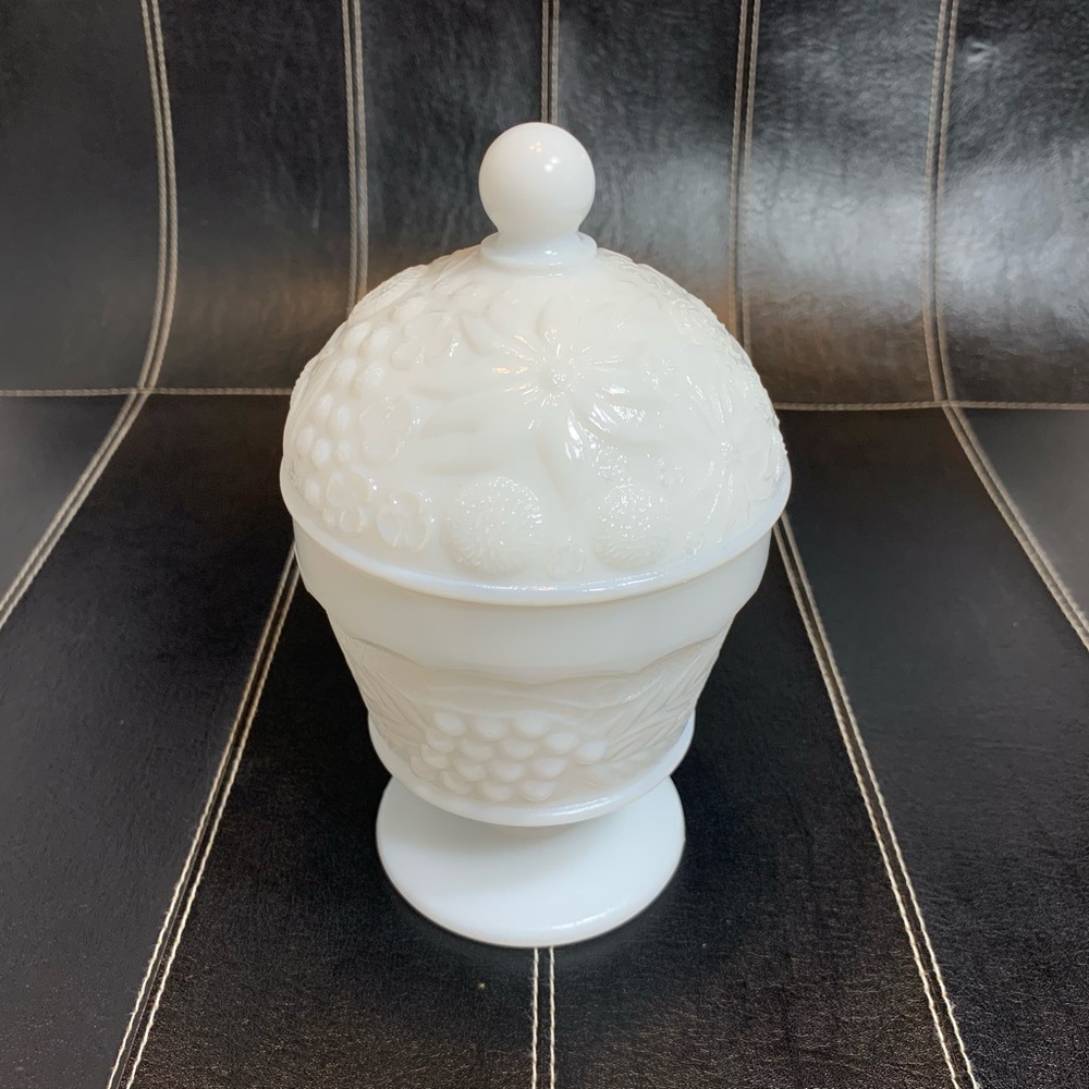 White Milk Glass Vintage Grapes Candy Dish W/Lid